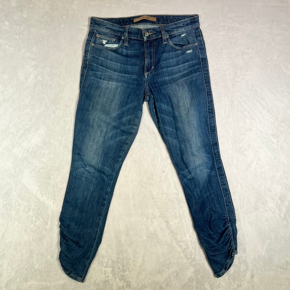 Joes Jeans Womens 27 The Icon Mid Rise Skinny‎ Ankle Ruched Hem Blue Distressed
